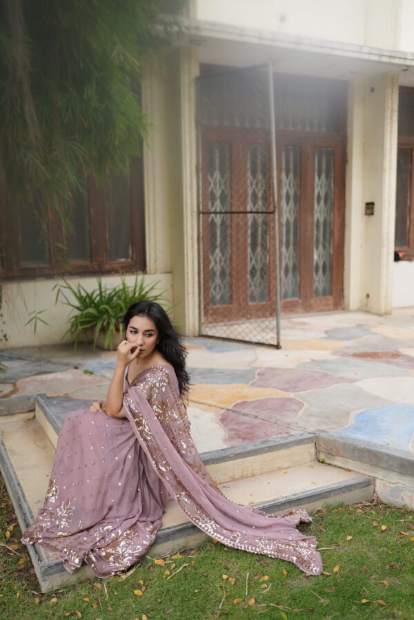 Tea Pink Double Border Sequins Saree SSDB-0013